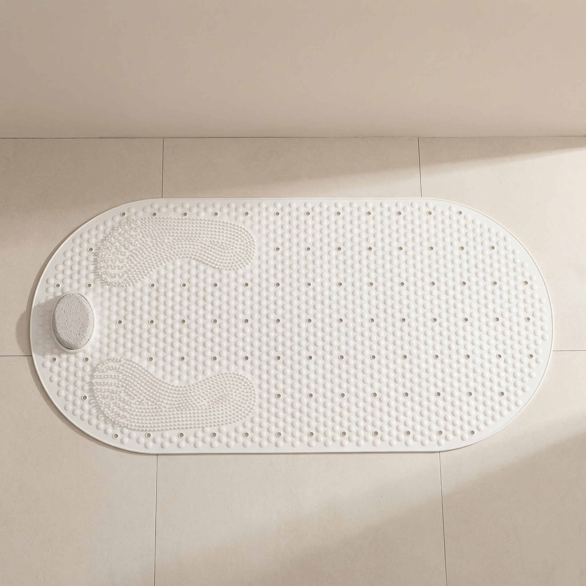 White bath mat with textured surface on a beige tiled floor