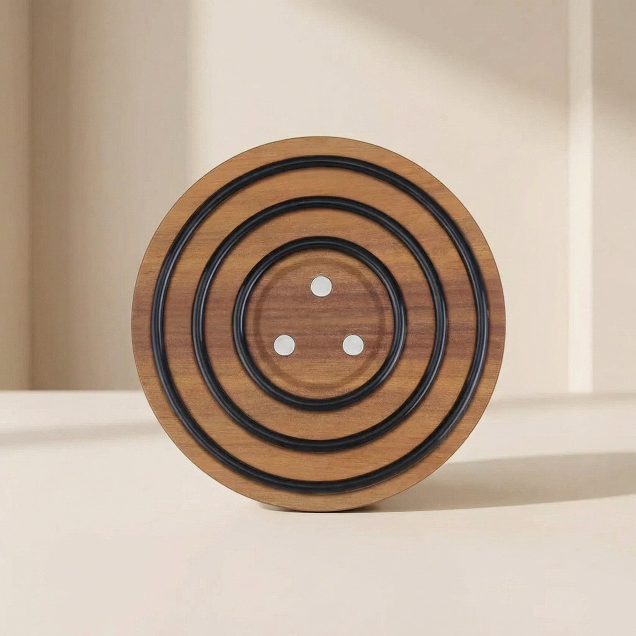 Wooden circular object with black concentric rings on a beige background