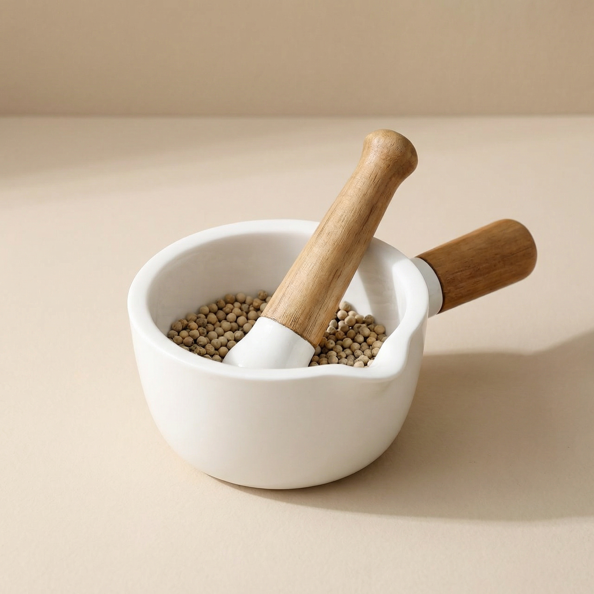 Mortar and pestle with white bowl containing herbs on a beige background