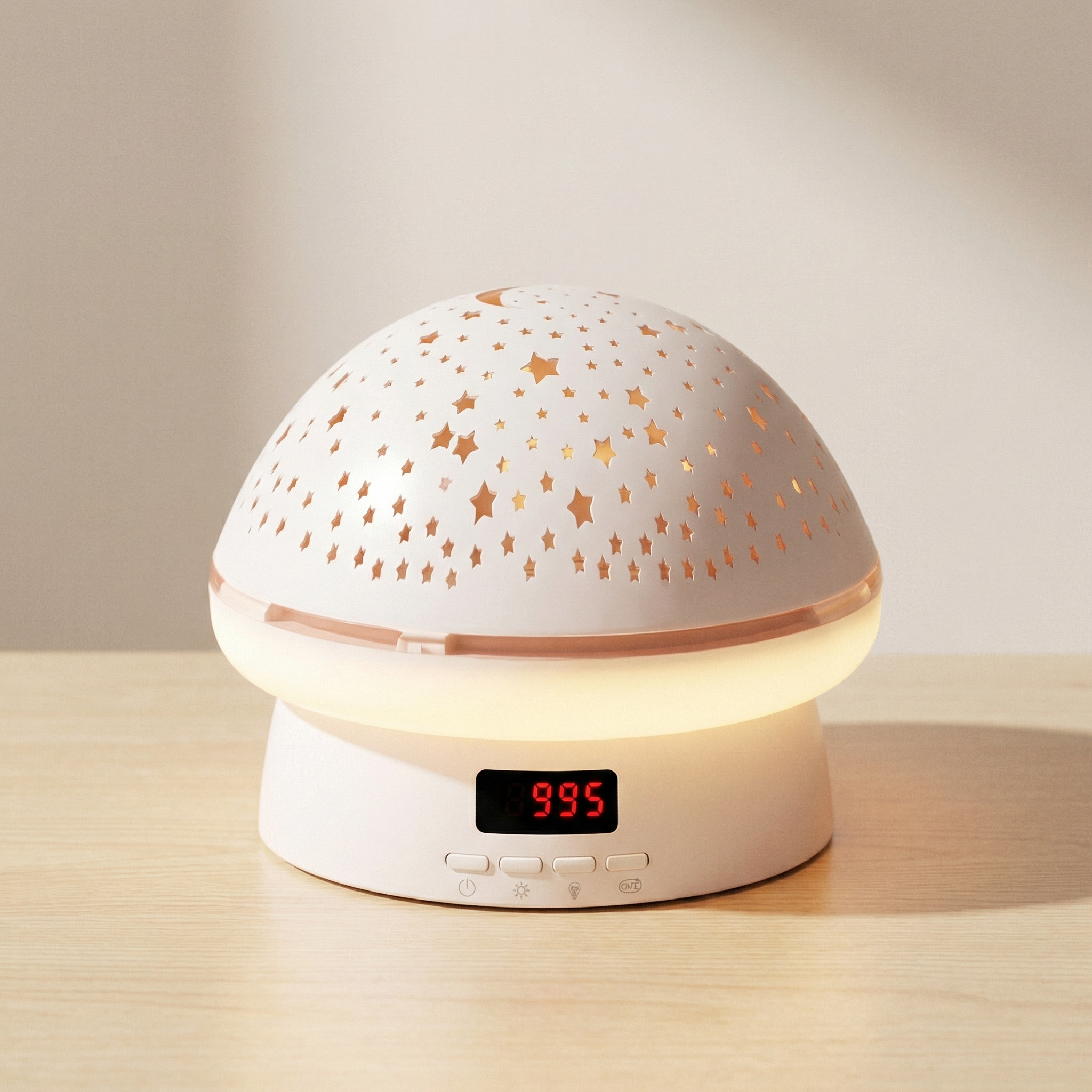 White night light with star patterns on a wooden surface