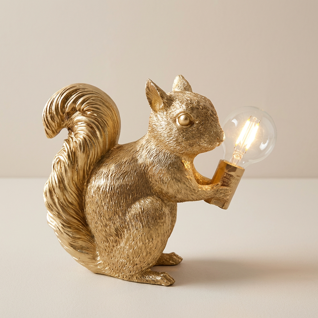 Gold squirrel figurine holding a light bulb on a neutral background