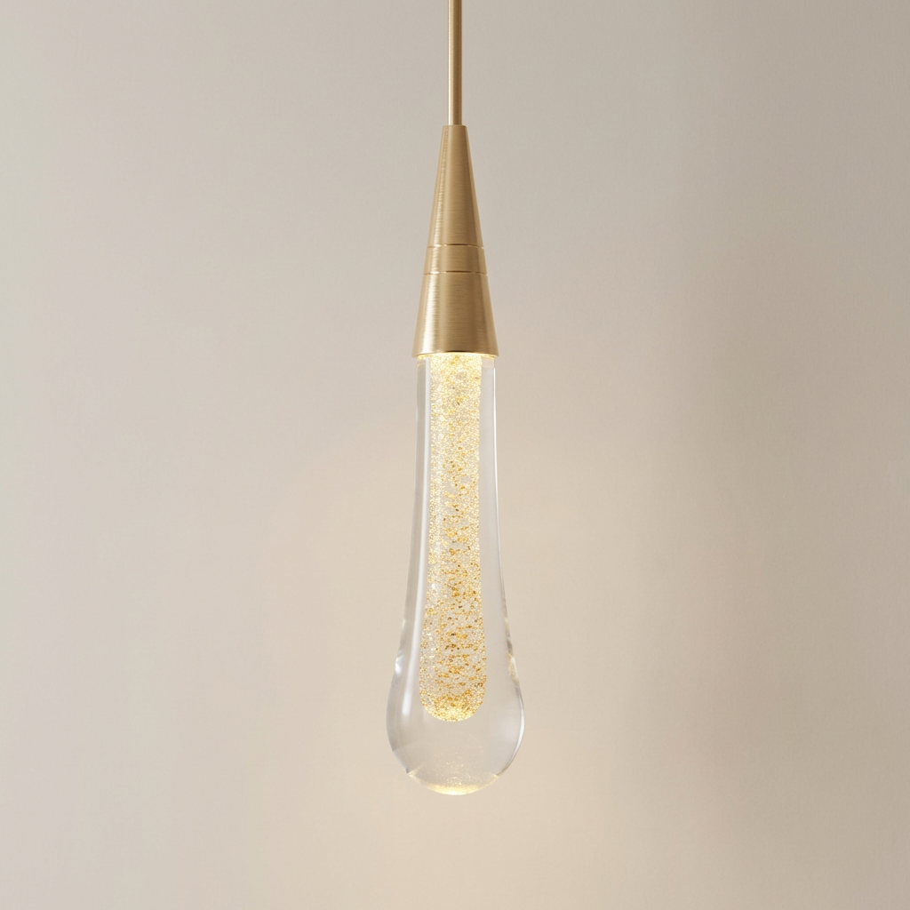 Modern pendant light with gold fixture and clear glass shade on a neutral background