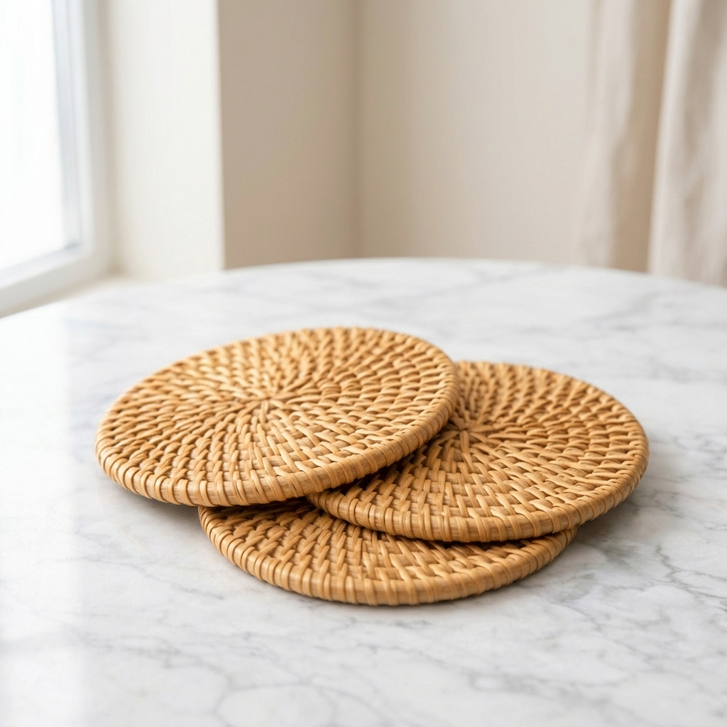 Three woven coasters on a marble surface with a neutral background