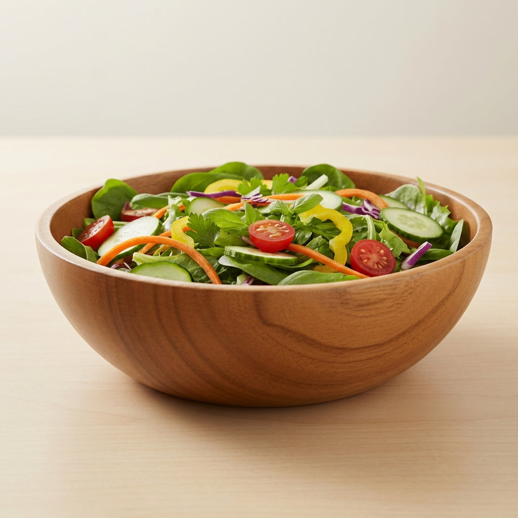 Wooden bowl filled with a colorful salad on a light background