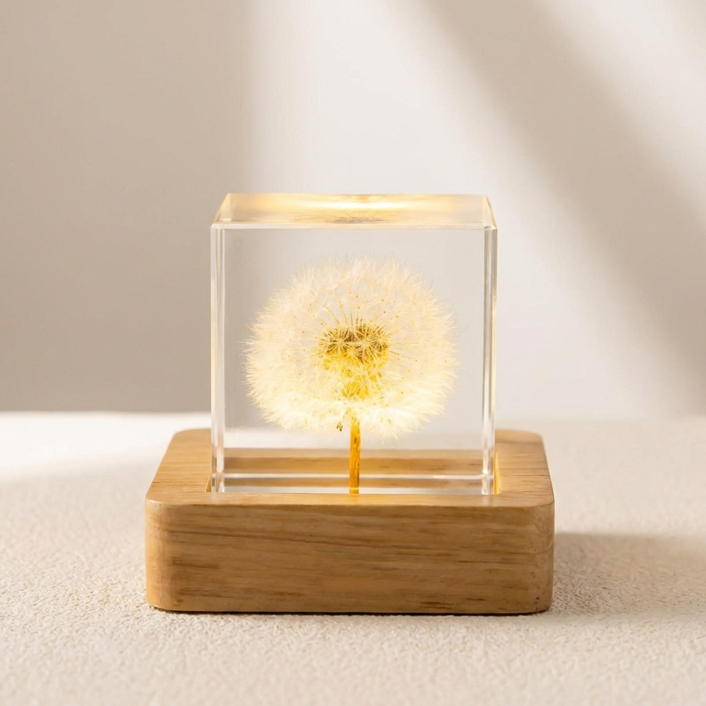 Glass cube with a dandelion inside on a wooden base against a neutral background