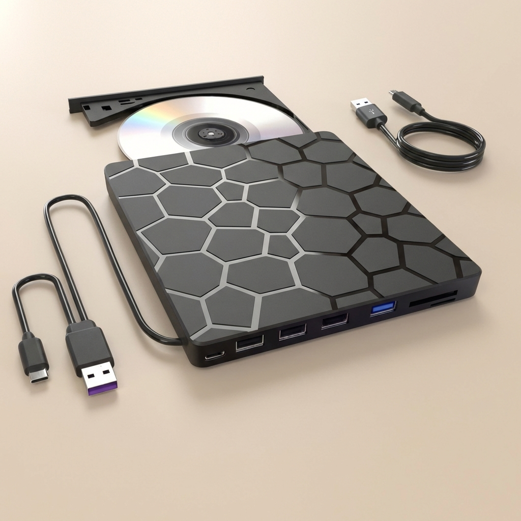 Portable external hard drive with honeycomb design on a beige background