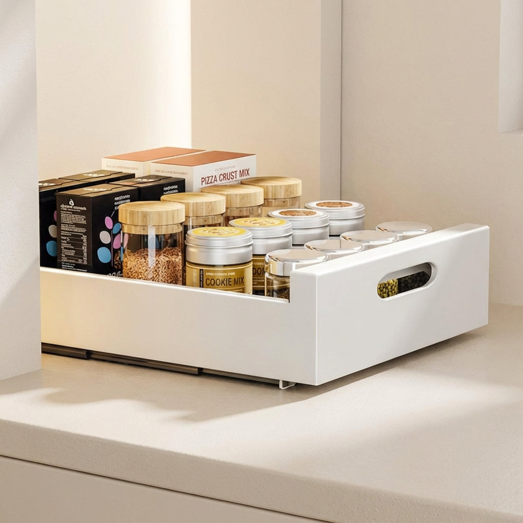 White kitchen drawer organizer with various jars and boxes on a neutral background