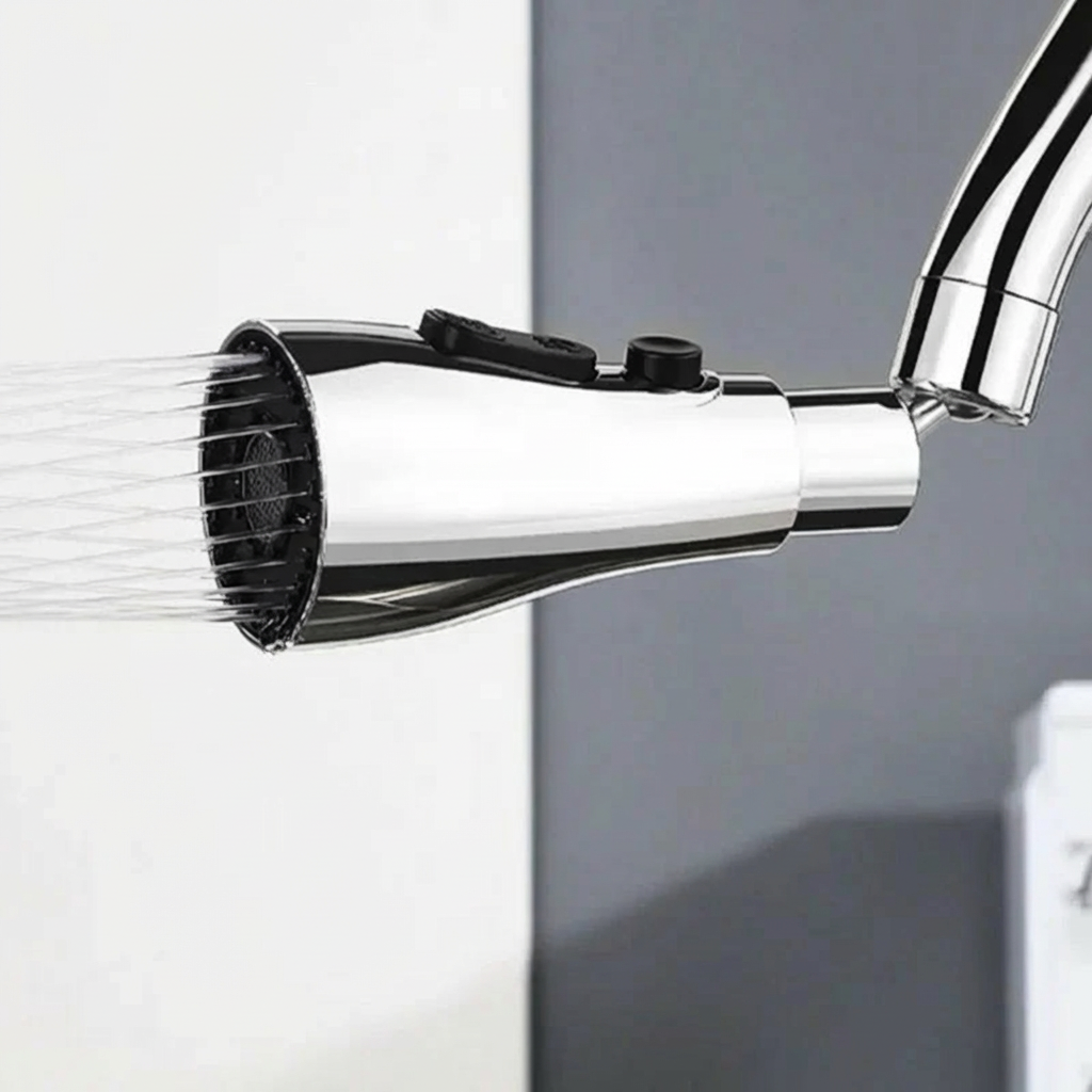 Chrome shower head with water flowing against a neutral background