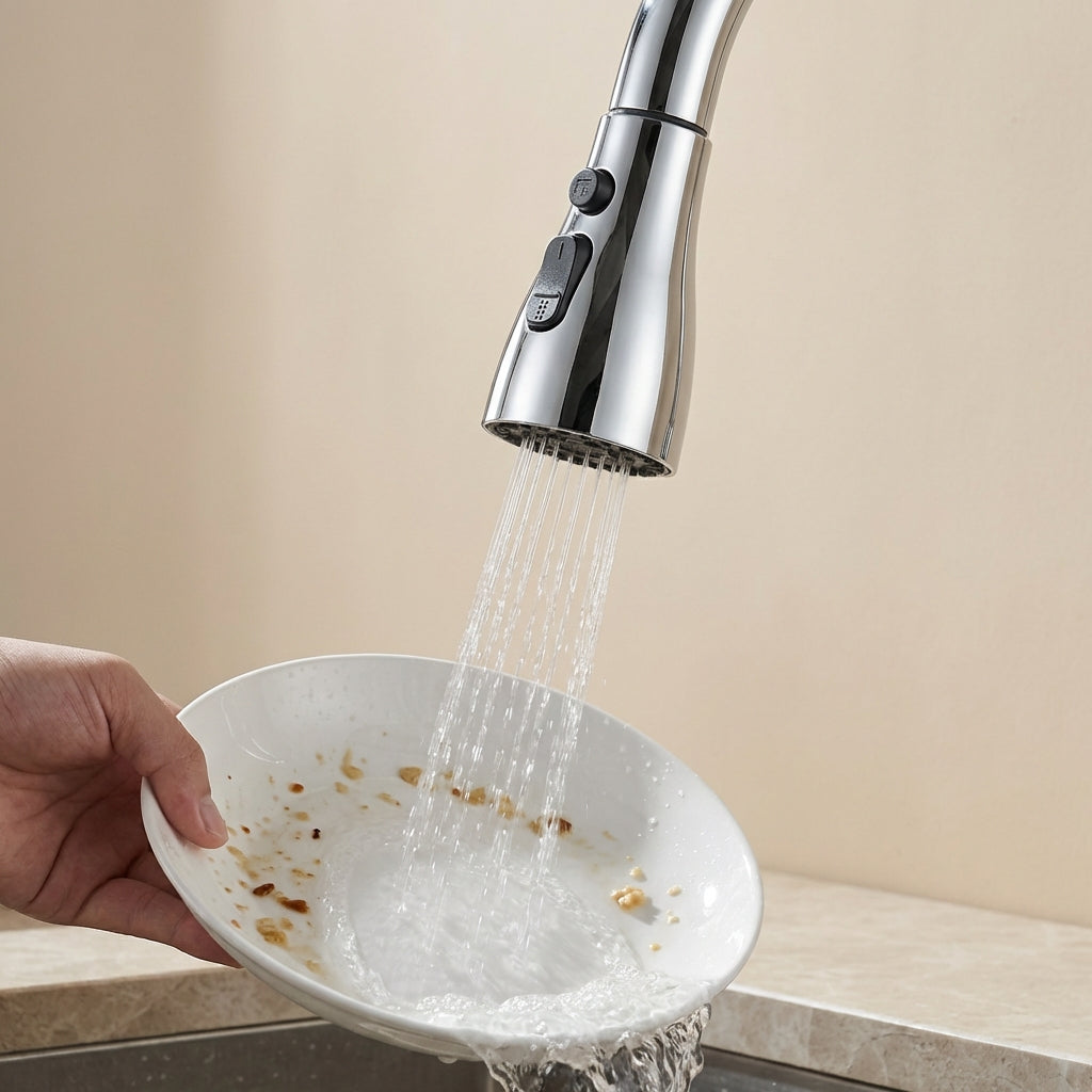 Hand holding a dirty plate under a running faucet with water being poured over it.