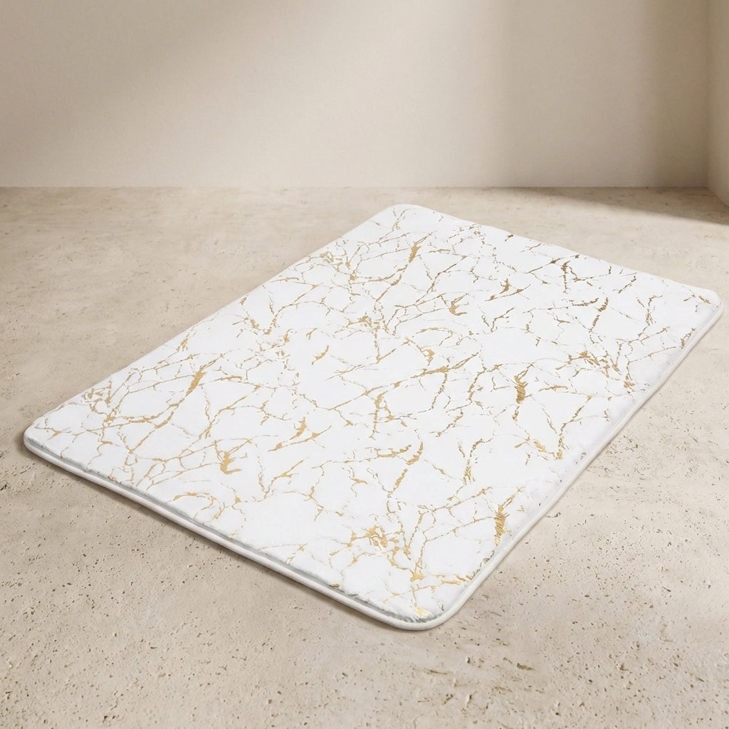 White marble-patterned rug on a beige floor