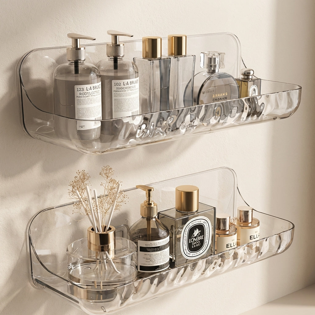 Clear acrylic shelves with various bottles and containers on a neutral background