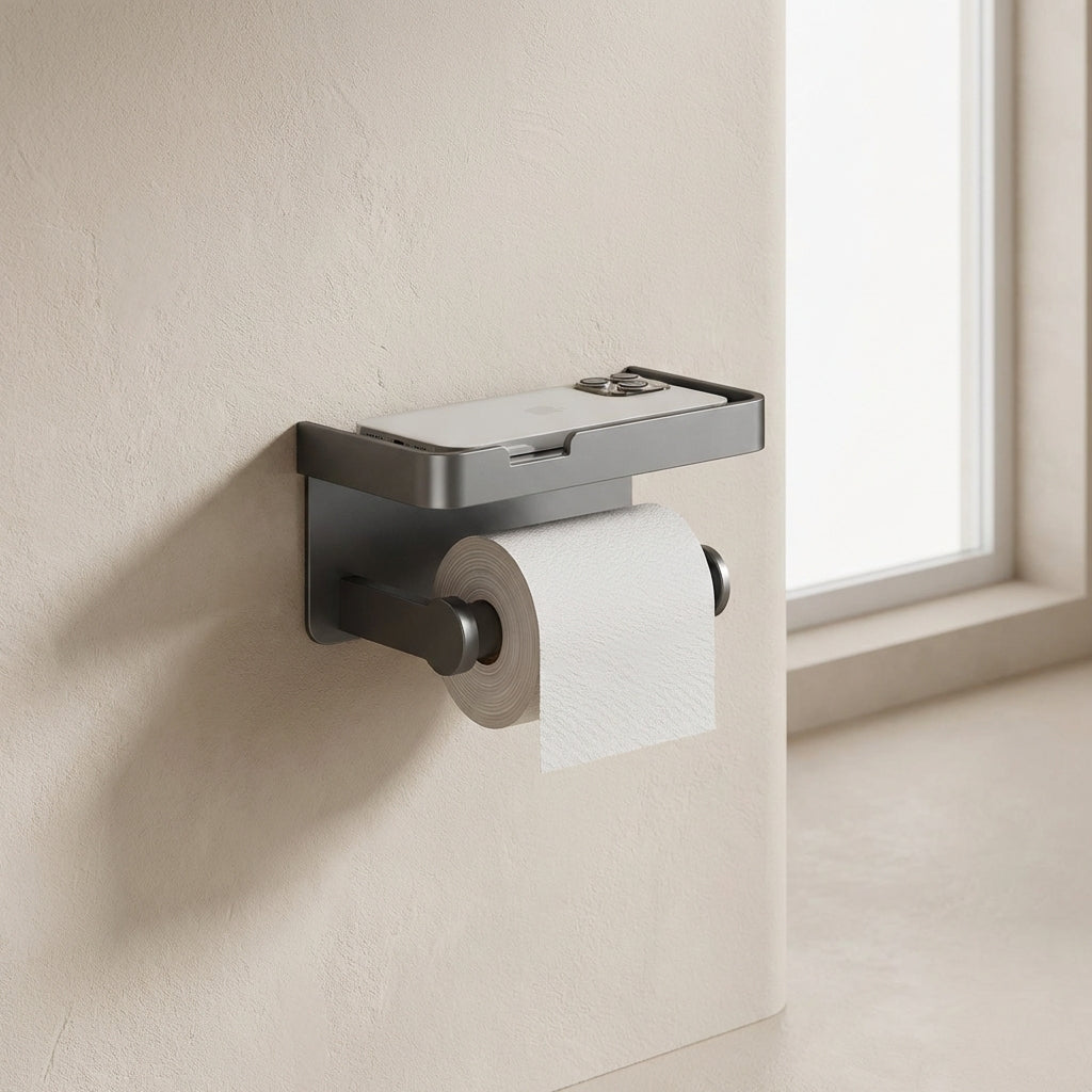 Wall-mounted toilet paper holder with a roll of toilet paper on a beige wall.