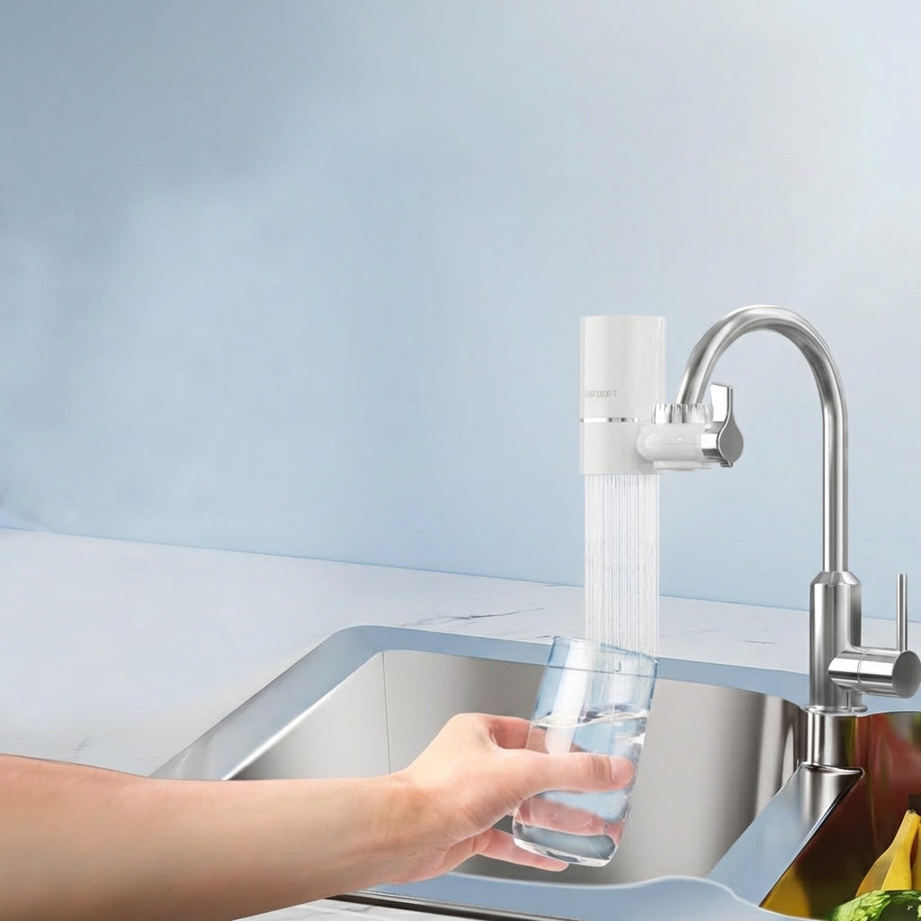 Person holding a glass under a modern kitchen faucet with a light blue background