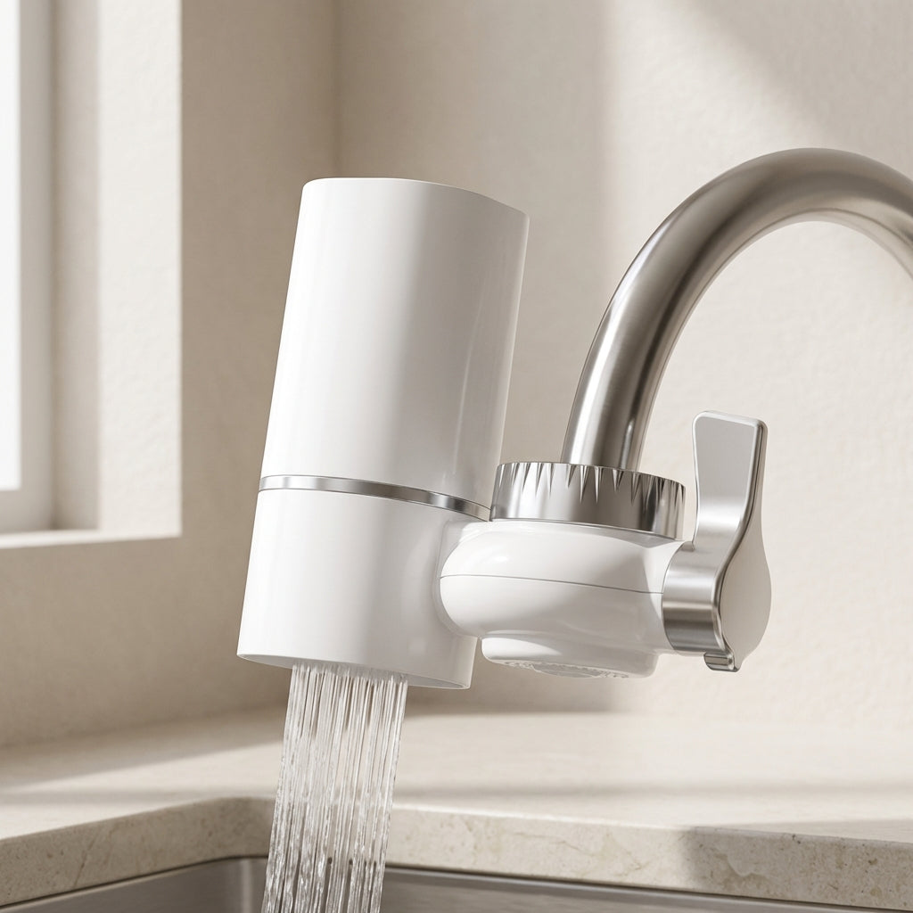 Water filter attachment on a kitchen faucet with water flowing.