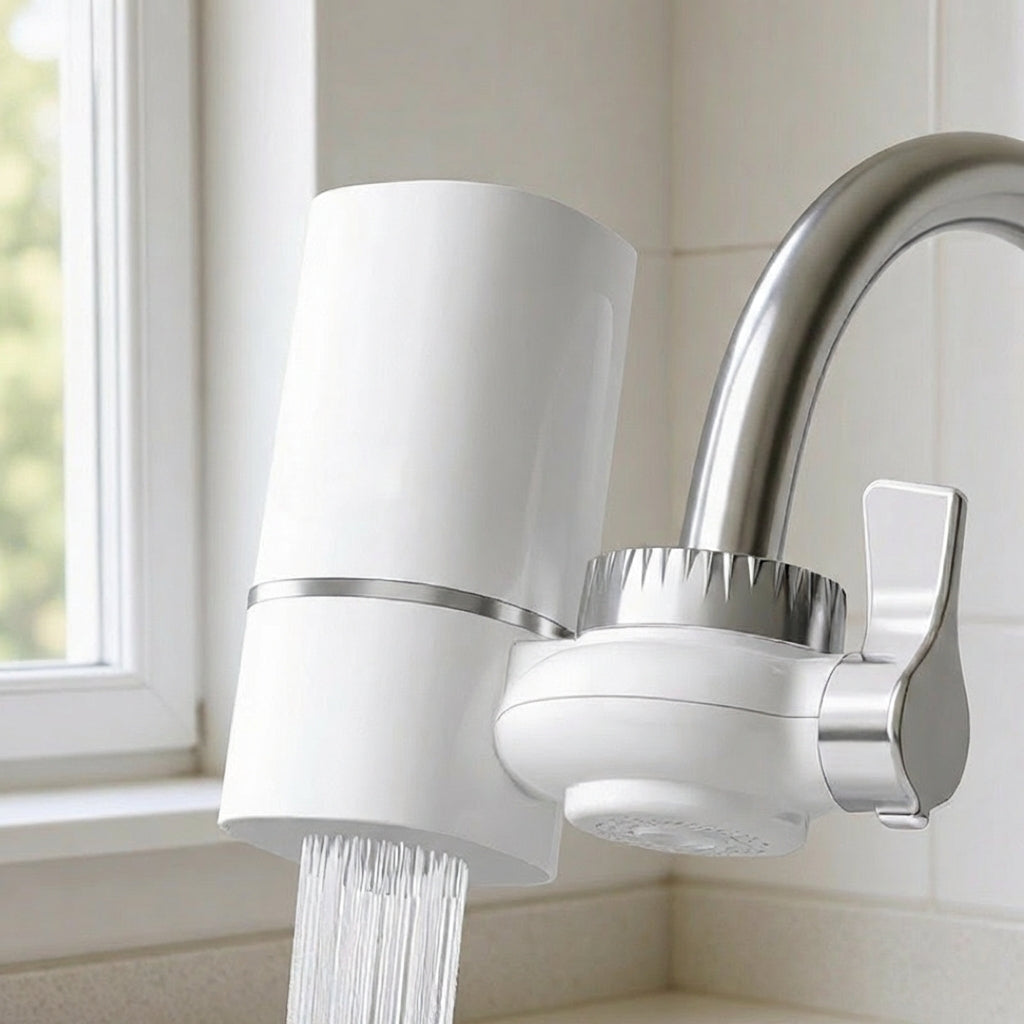 Vortopt water filter attached to a kitchen faucet with water flowing.
