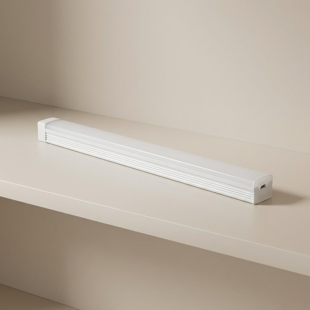 White LED strip light on a beige surface