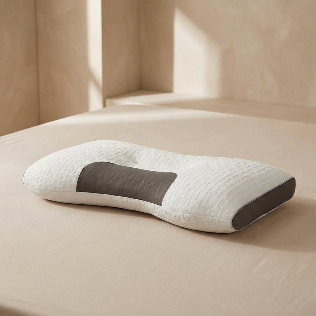 White pillow with gray patch on a beige surface