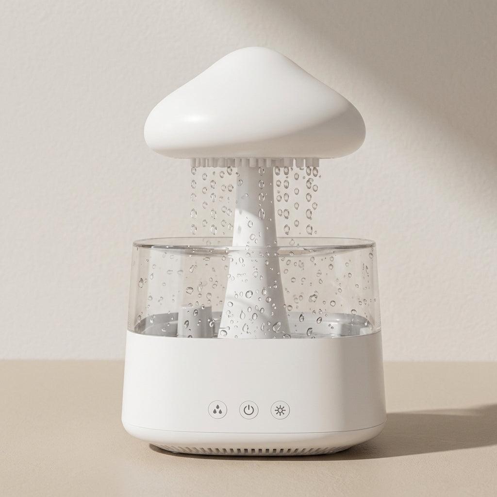 White mushroom-shaped humidifier with water droplets on a beige background
