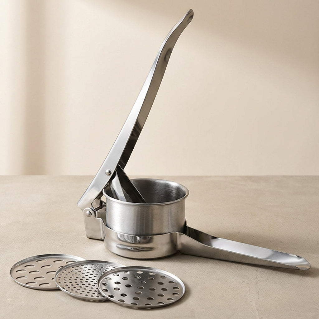 Metallic kitchen tool with handle and three perforated discs on a beige background