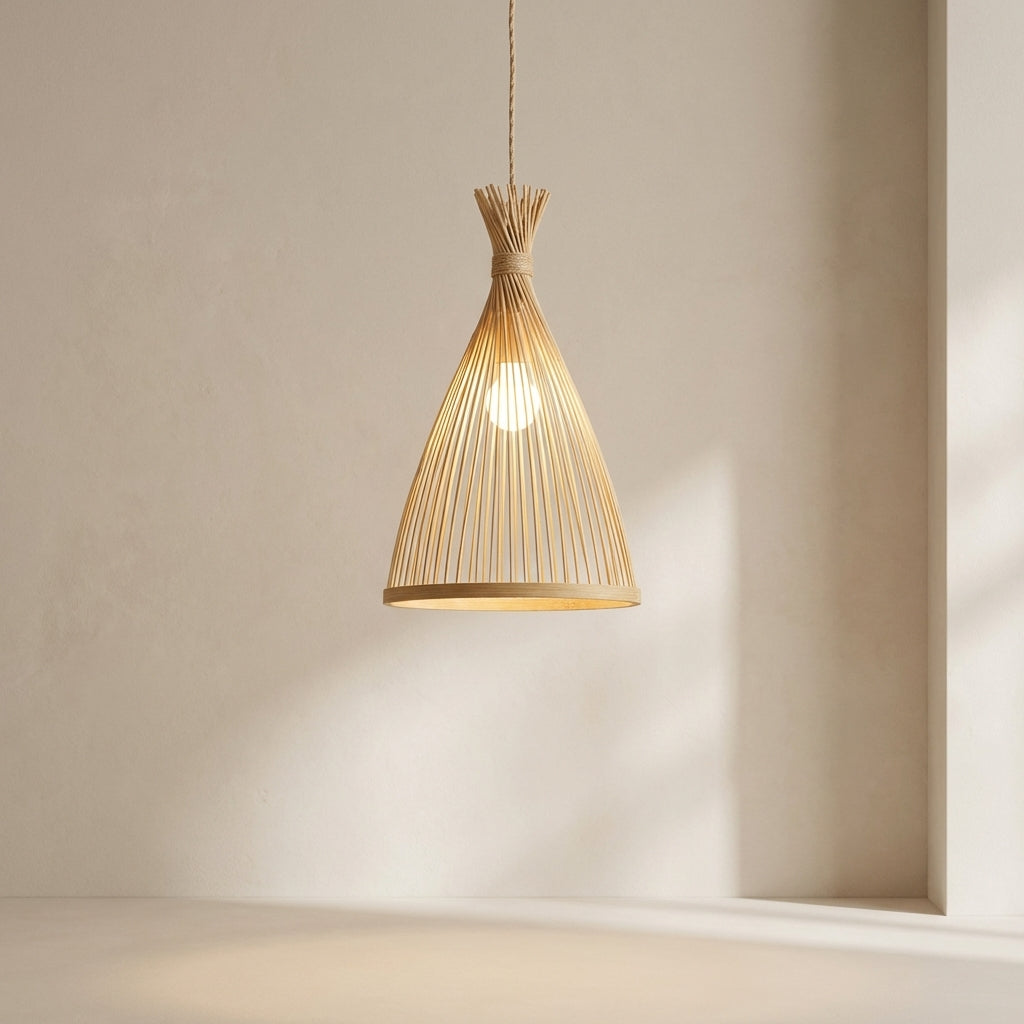 Woven pendant light hanging against a neutral wall