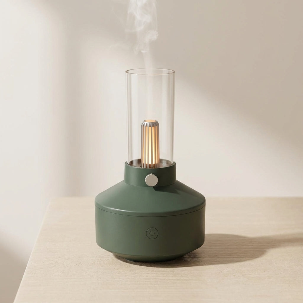 Green essential oil diffuser with a clear cylindrical top on a beige surface.