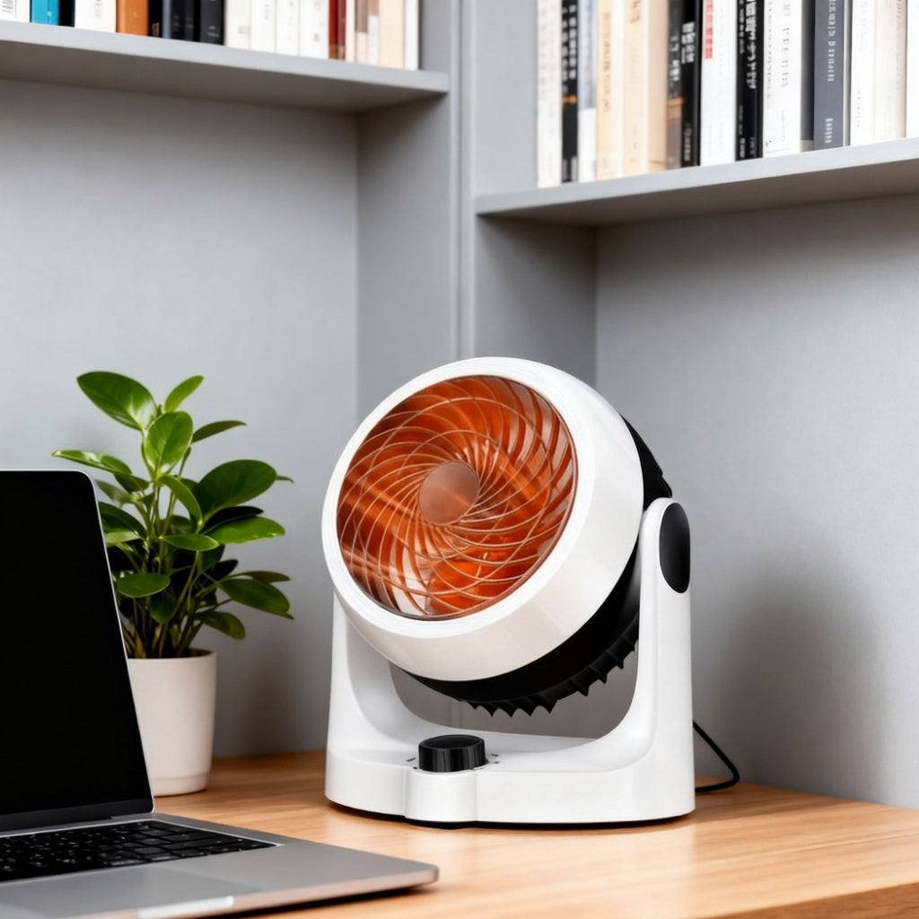 White fan on a desk with a laptop and plant in the background