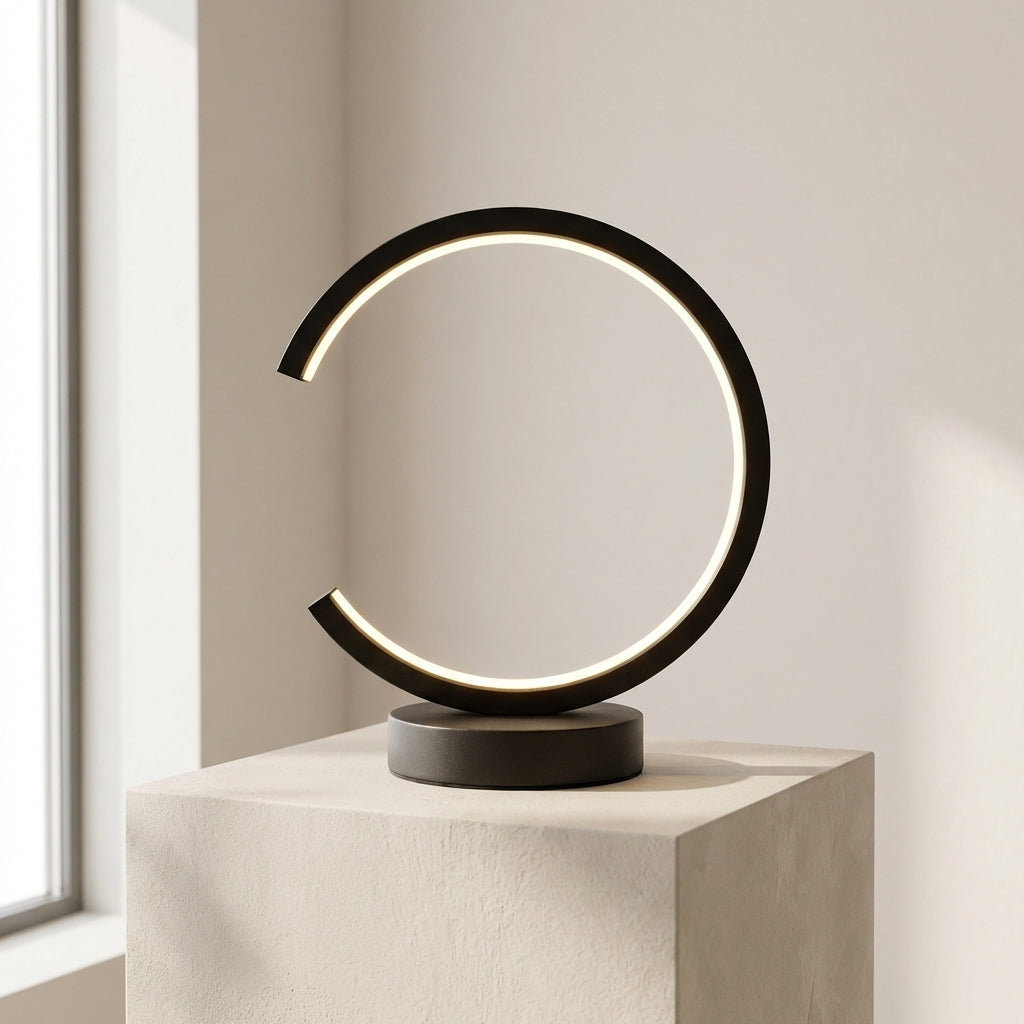 Modern table lamp with circular design on a neutral background