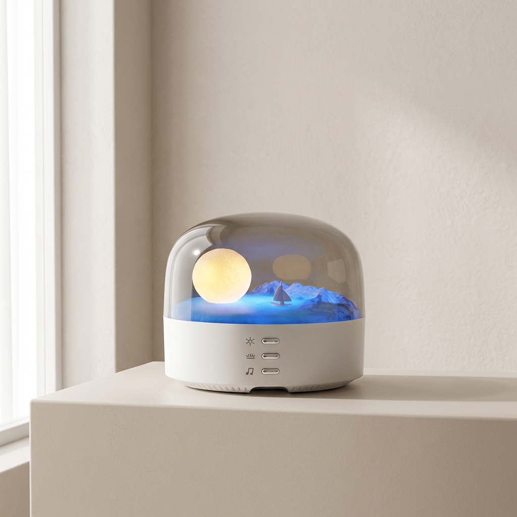 Decorative lamp with a moon and mountain design on a white surface.