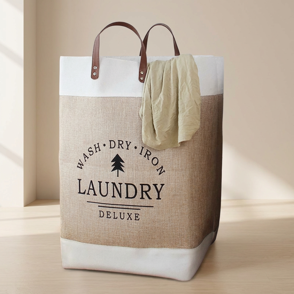 Laundry bag with 'Wash Dry Iron Laundry Deluxe' text and a tree symbol on a beige background.