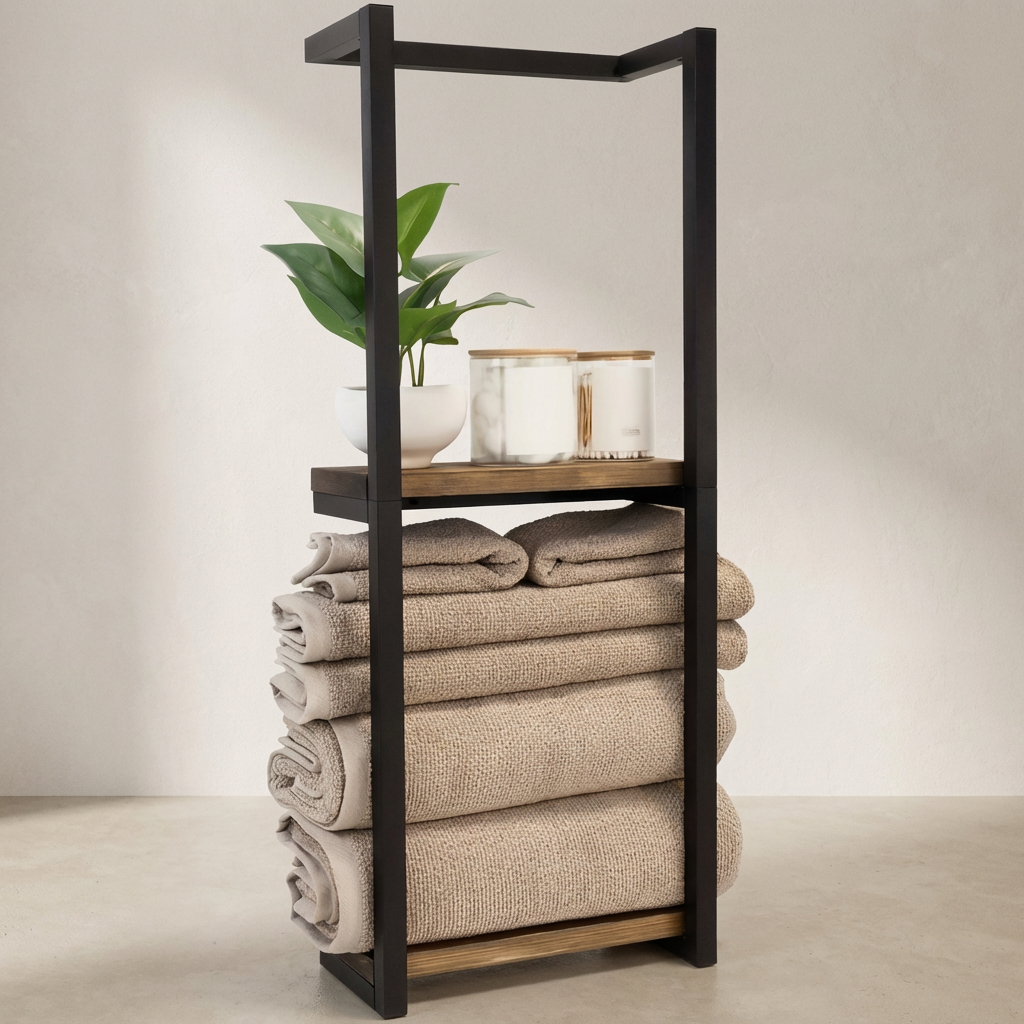 Towel rack with folded towels, a plant, and candles against a plain background