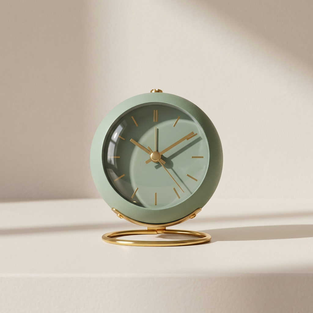 Green table clock with gold accents on a beige background