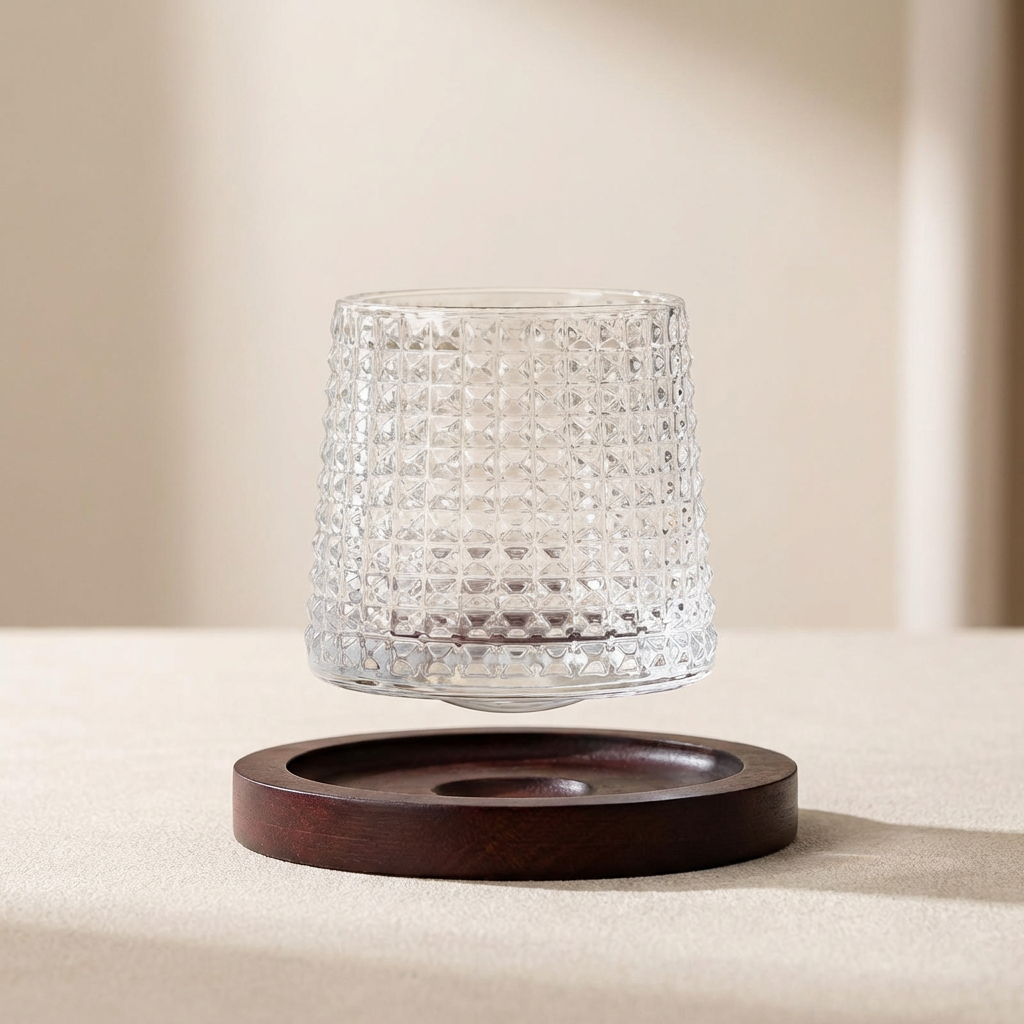 Clear textured glass candle holder on a wooden base against a beige background
