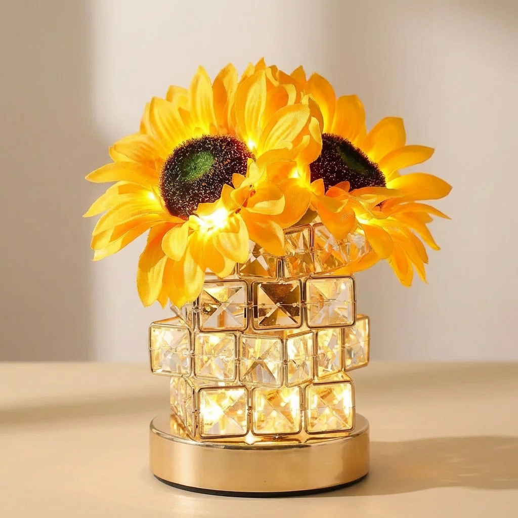 Decorative lamp with sunflowers in a crystal vase on a neutral background