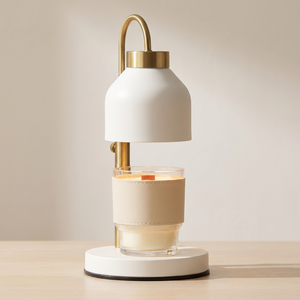 Decorative lamp with a white base and gold accents on a neutral background