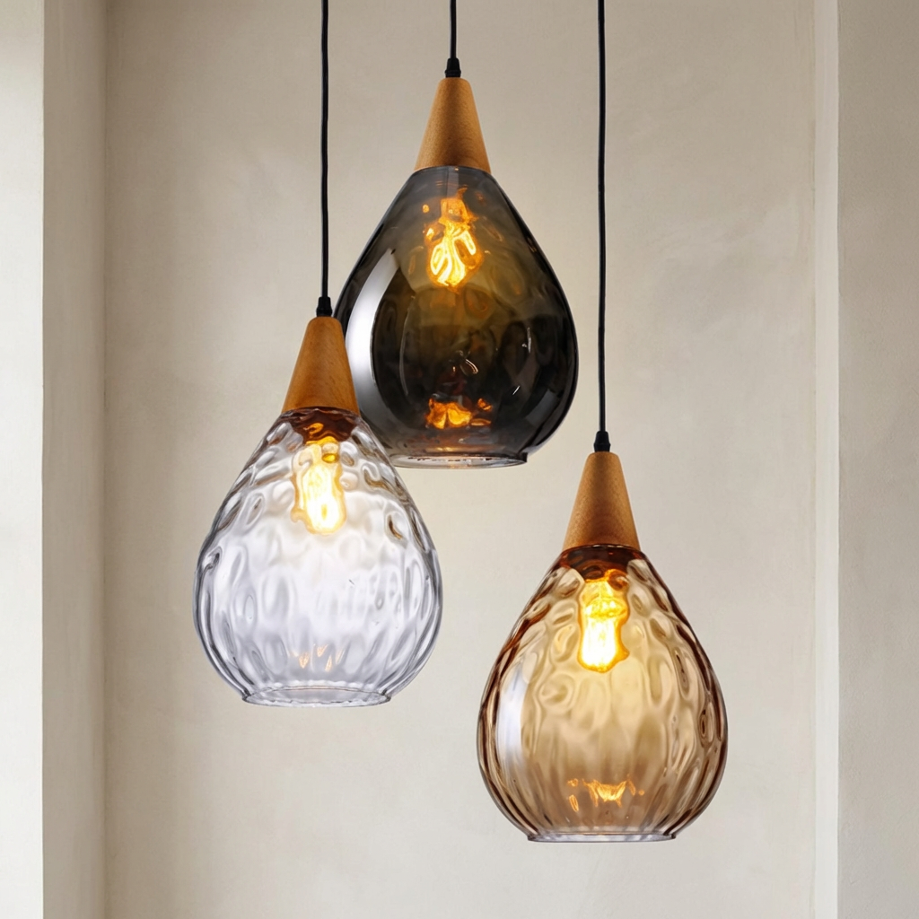 Three glass pendant lights with wooden accents on a neutral background
