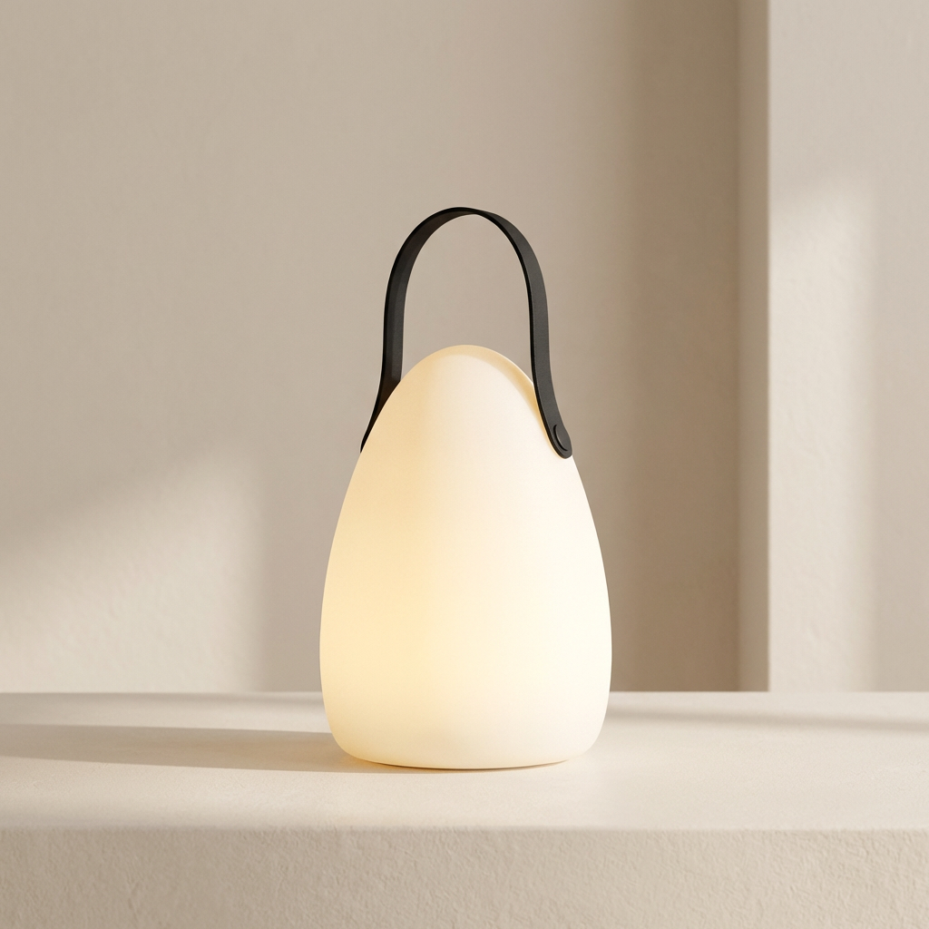Modern table lamp with a black handle on a neutral background