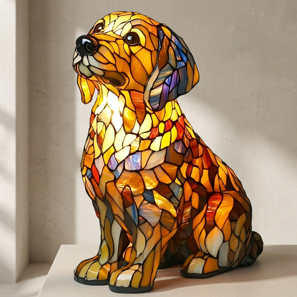 Stained glass dog sculpture on a neutral background