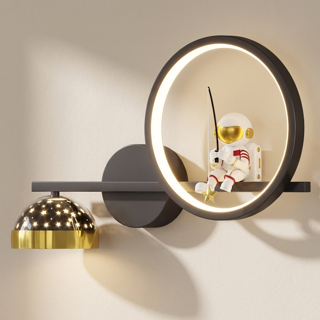 Modern wall clock with astronaut figure on a shelf against a neutral background