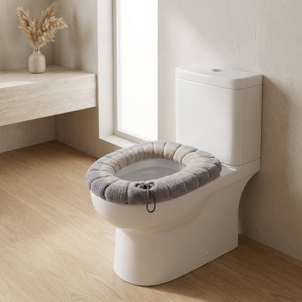 Toilet with a gray cushioned seat cover in a bathroom setting.