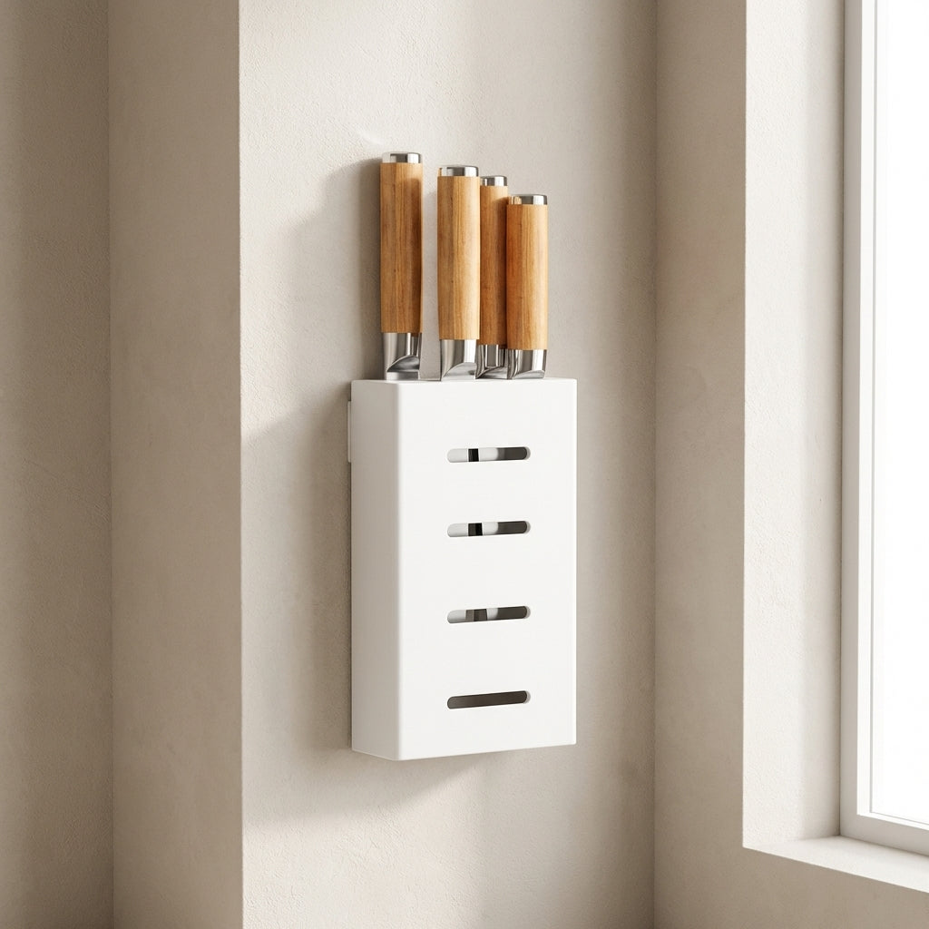 Set of knives with wooden handles in a white magnetic knife holder on a beige wall.