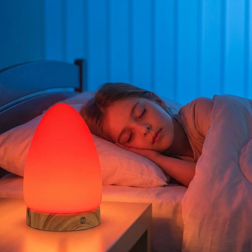 Person sleeping in bed with a glowing night light on a bedside table.