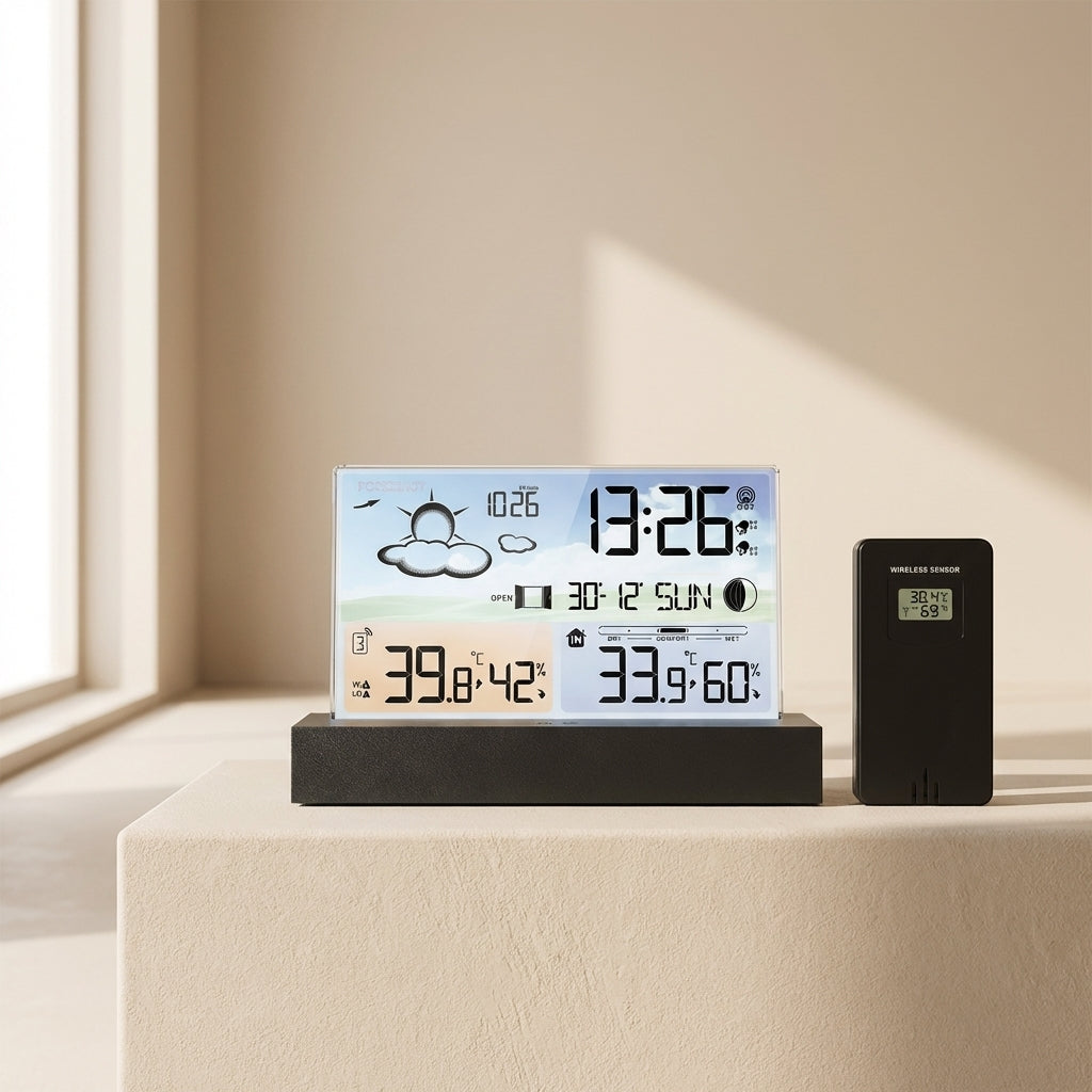 Digital clock with weather display on a light surface