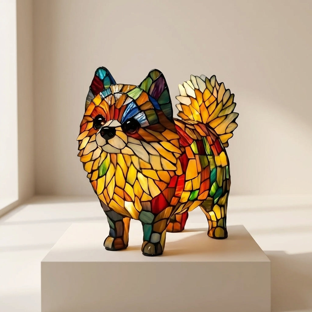 Colorful stained glass dog-shaped lamp on a white pedestal