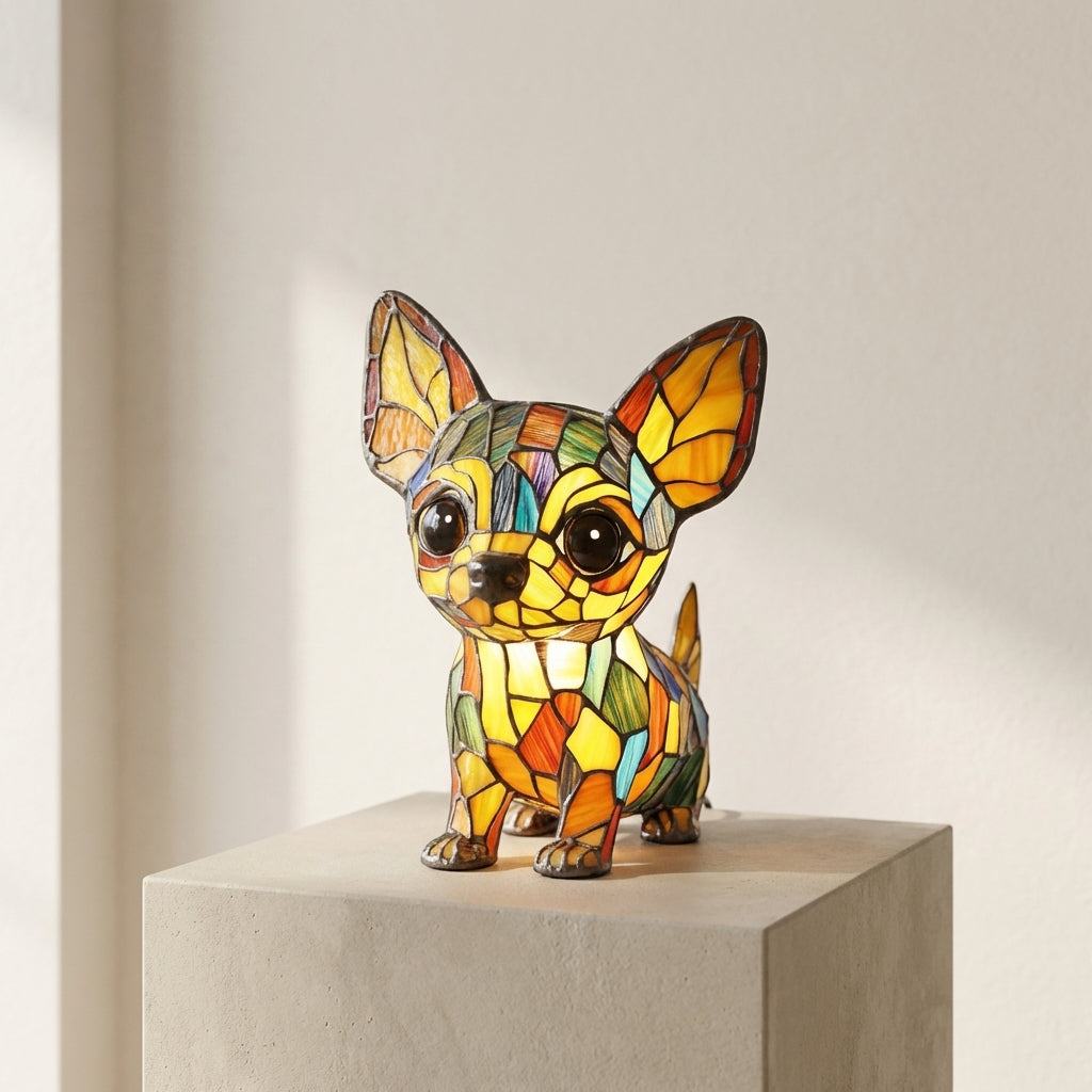 Colorful stained glass dog-shaped lamp on a neutral background