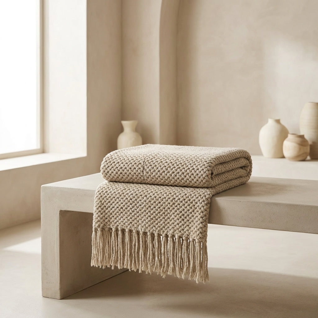 Beige woven blanket with fringe on a stone bench in a minimalistic room.