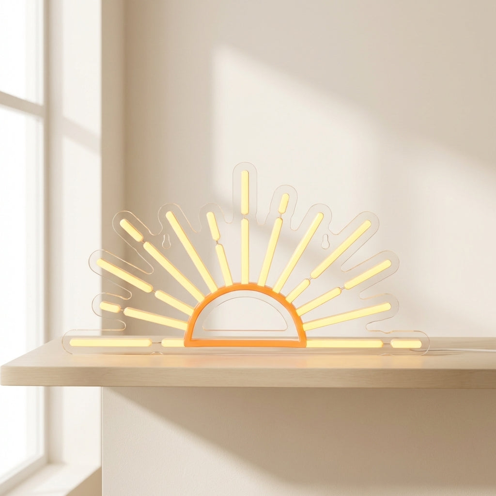 Neon light shaped like a sun on a wooden shelf with a neutral background