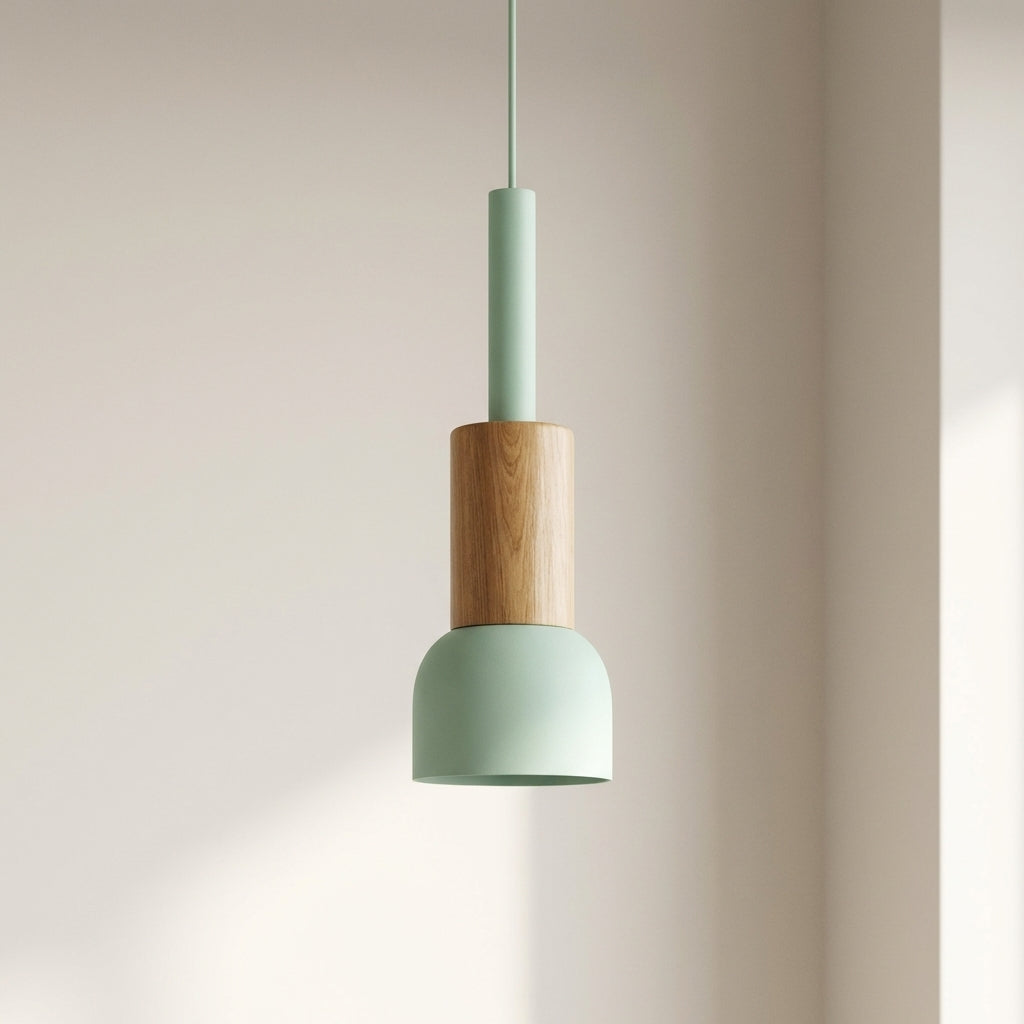 Green pendant lamp with wooden base on a neutral background