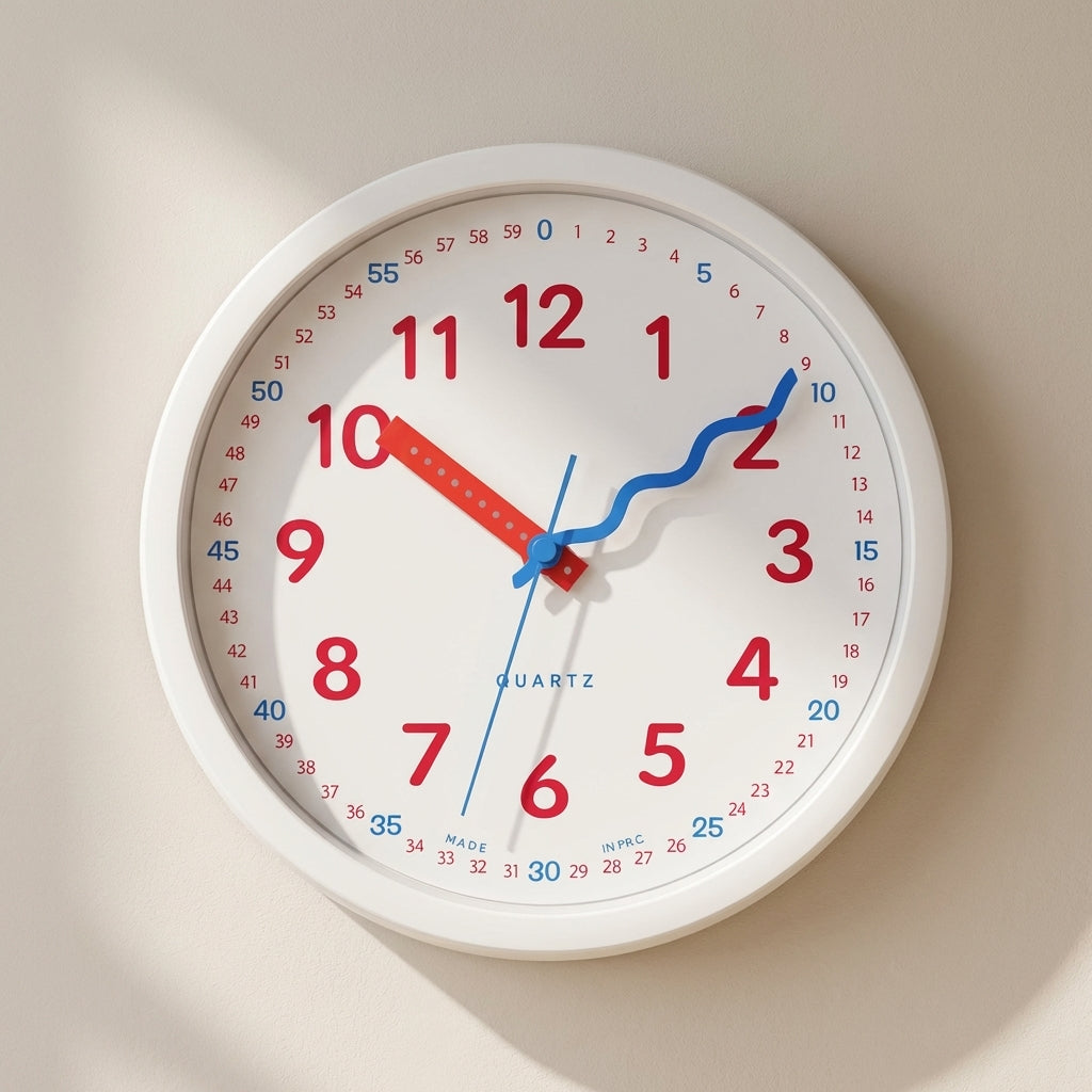 White wall clock with red and blue hands on a beige background