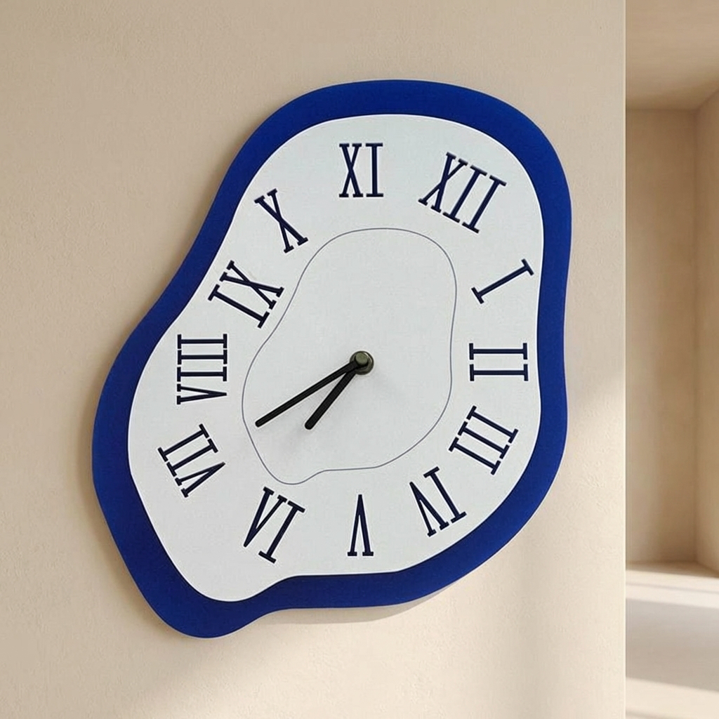 Wall clock with Roman numeral design on a beige wall