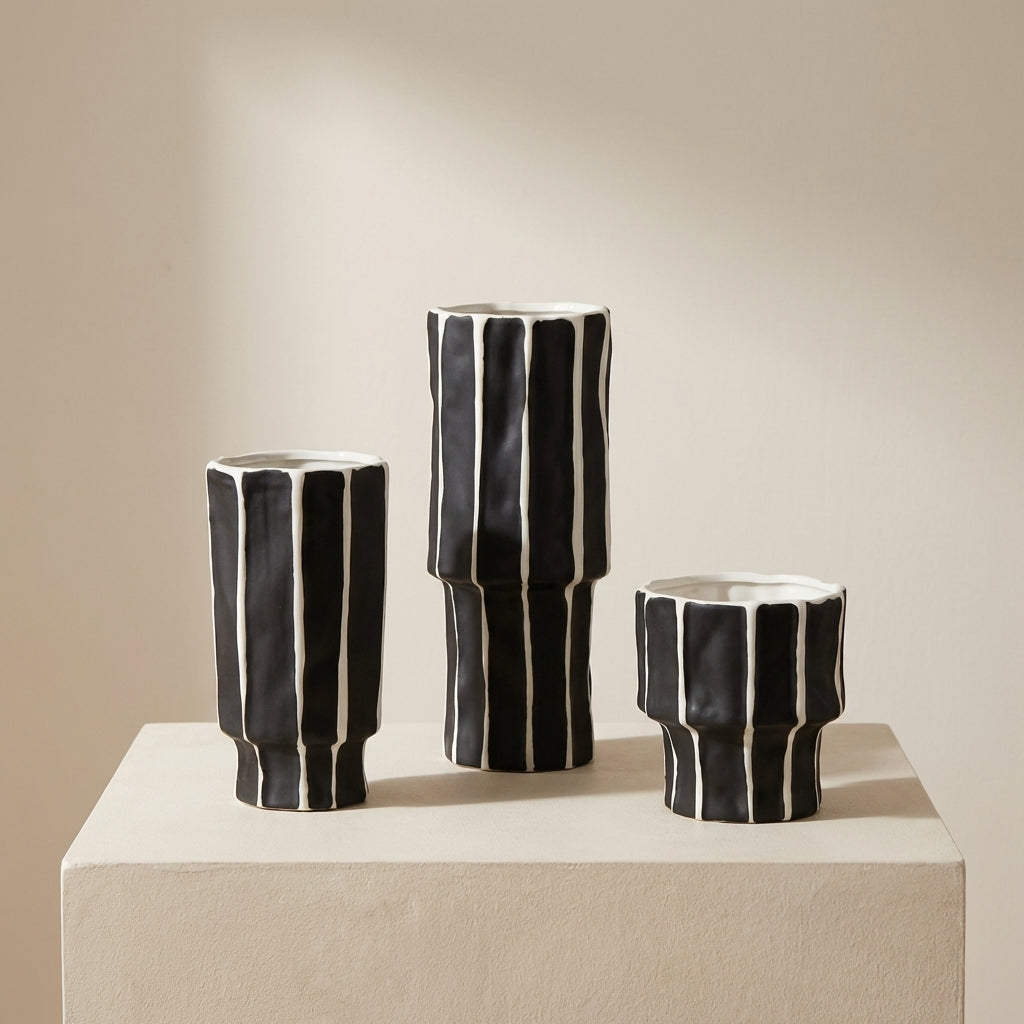 Three black and white striped ceramic vases on a beige surface with a neutral background